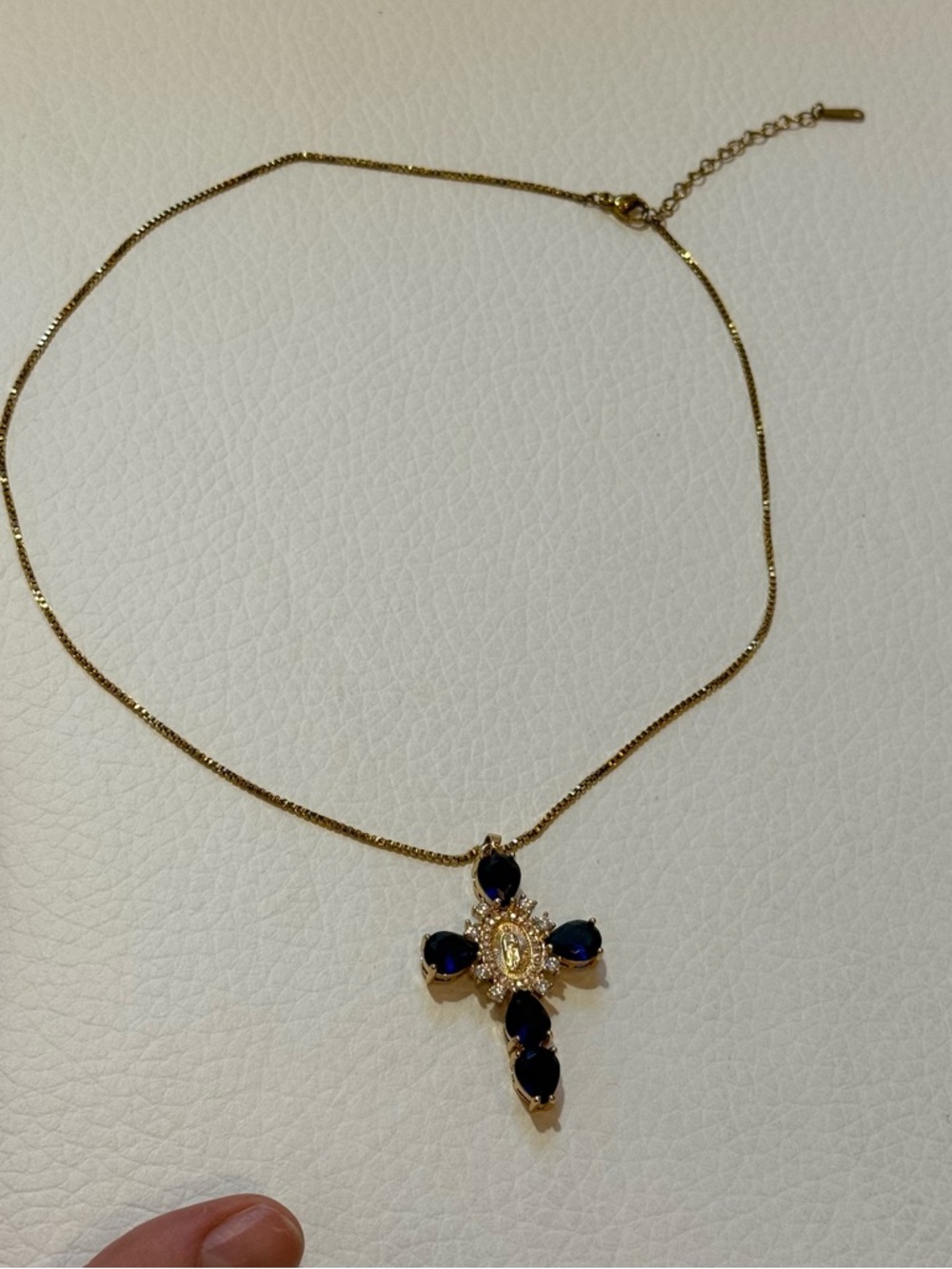Gold Chain Necklace with Dark Blue Stone Cross Pendant